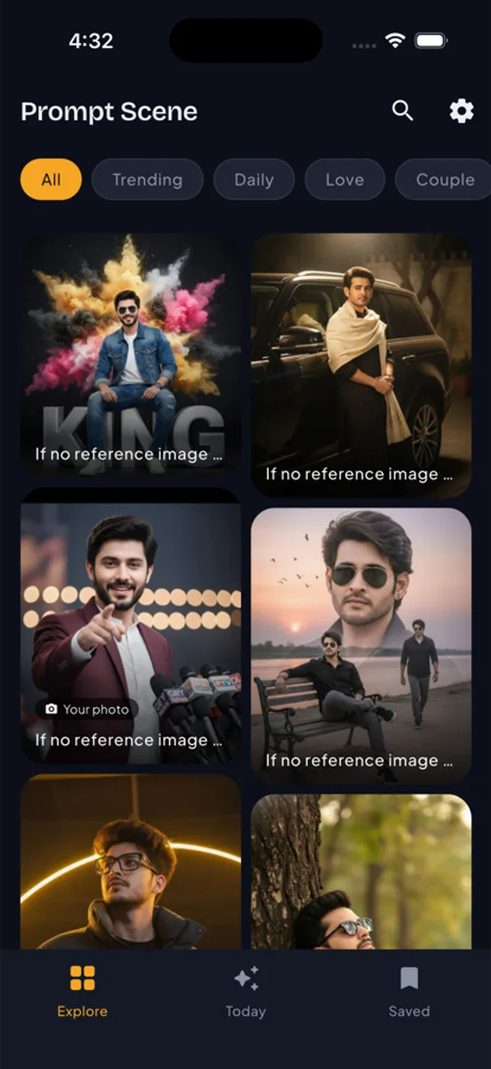 The Prompt Scene app showing a grid of AI-generated portraits with category filters across the top.